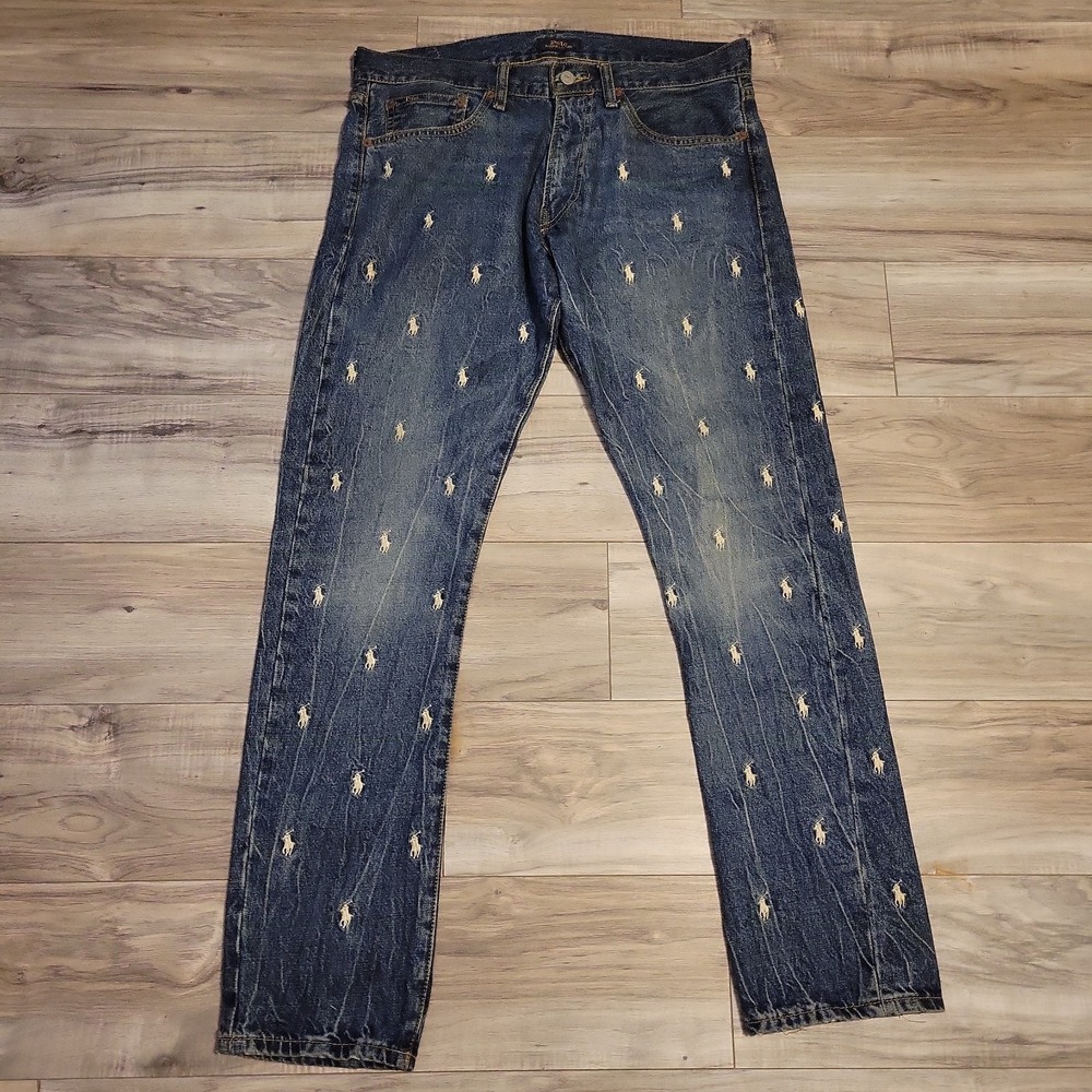 Polo Ralph Lauren Jeans AOP Pony Sullivan Slim Blue Mens 32x32 Straight Distress